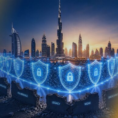 Why Traditional Perimeter Defense No Longer Fits Modern Cybersecurity Solutions Dubai Frameworks-02 Dubai skyline featuring the Burj Khalifa protected by a digital cybersecurity shield with lock icons, symbolizing zero-trust security, modern cyber defense, and the lim