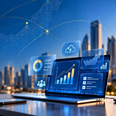 Laptop displaying interactive business analytics and digital charts set against the Dubai skyline.